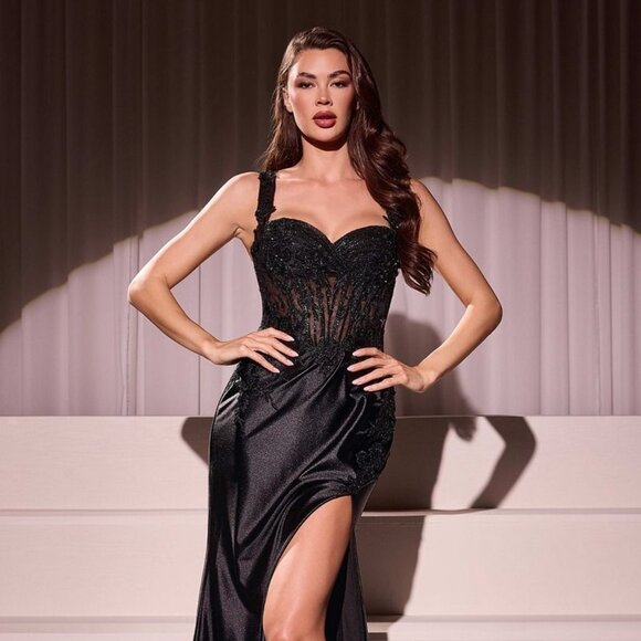 NEW FORMAL SLEEVELESS SOFT SATIN SHEATH PROM GOWN W/ SEQUINS